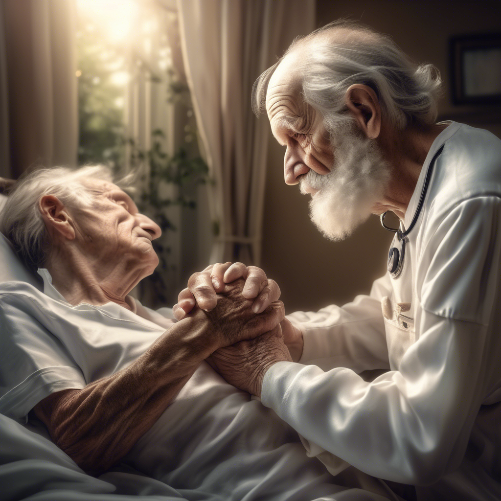 Old Alzheimer’s patient holding the doctors hand