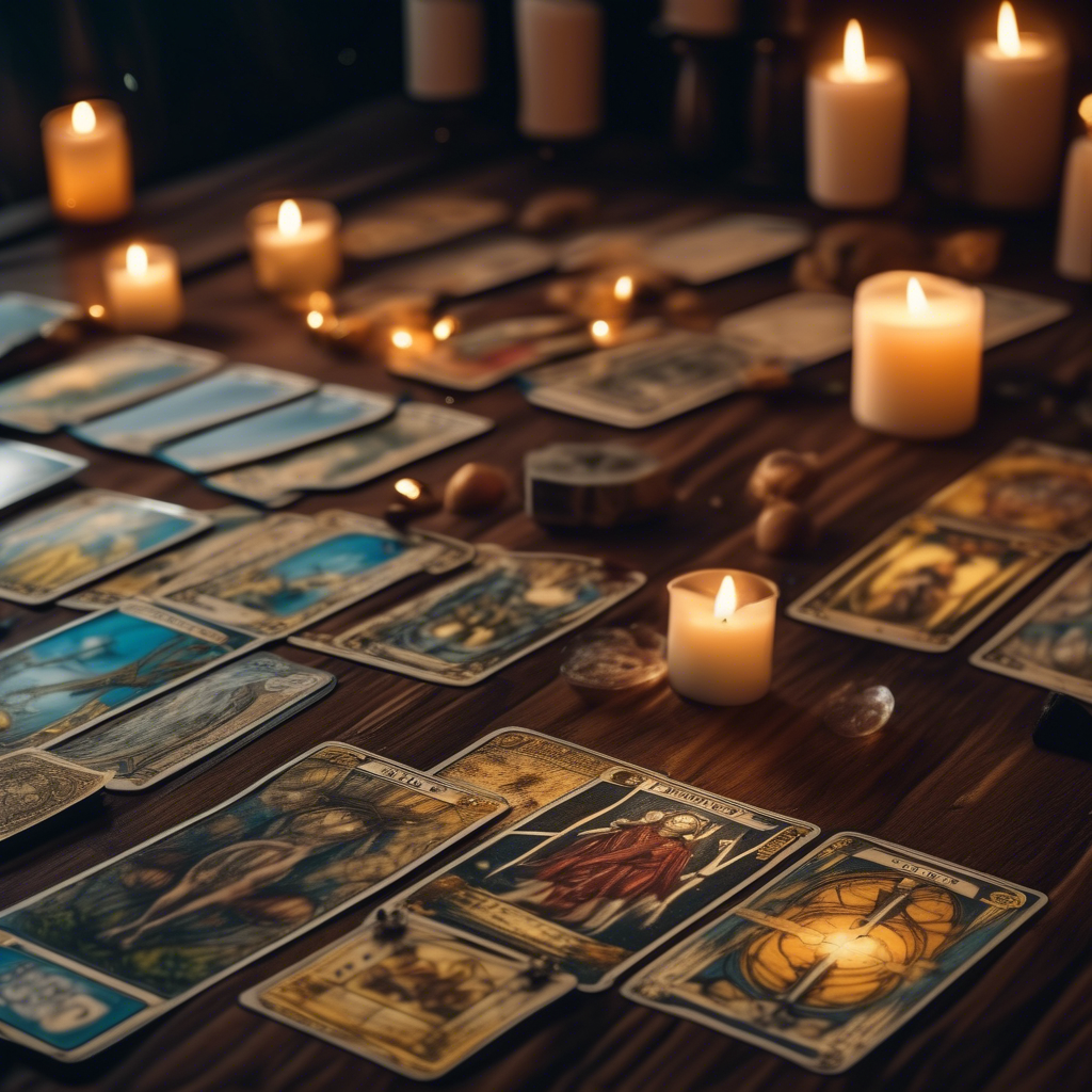 Psychic tarot card spread on a table with candles on it