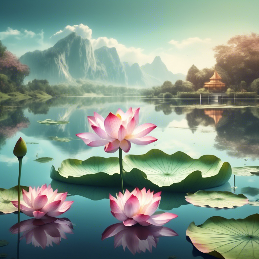 Pink Lotus flowers on a beautiful lake in the spirit world