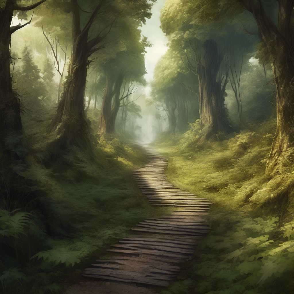 Beautiful spiritual pathway through a wooded area going towards the future