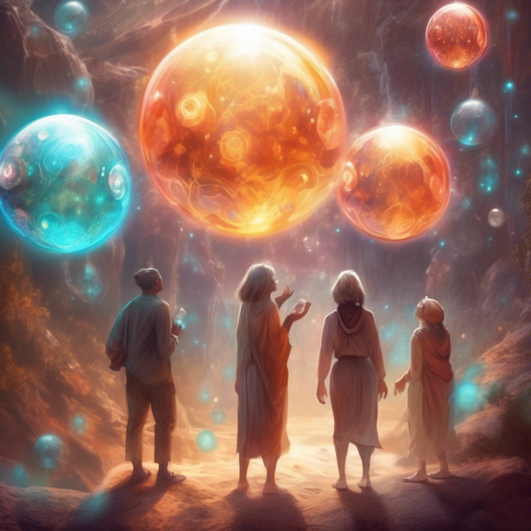 People in the spirit world with bright coloured orbs