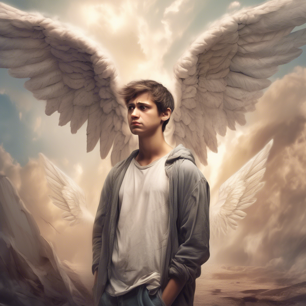 Depressed young man with an angel behind him