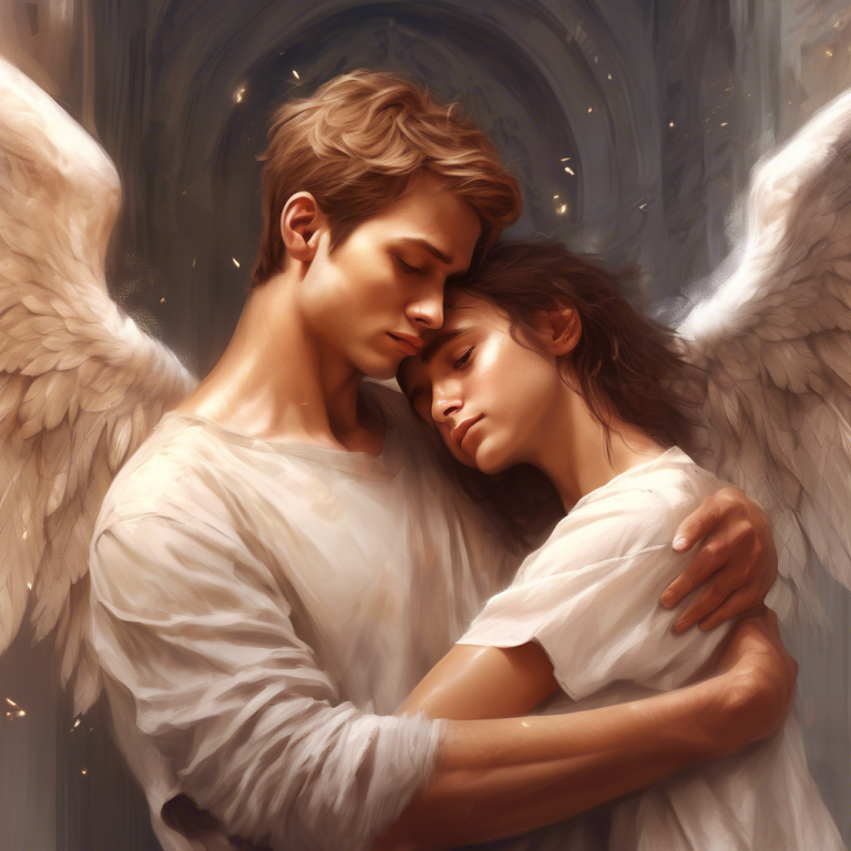 Angel cuddling a young woman