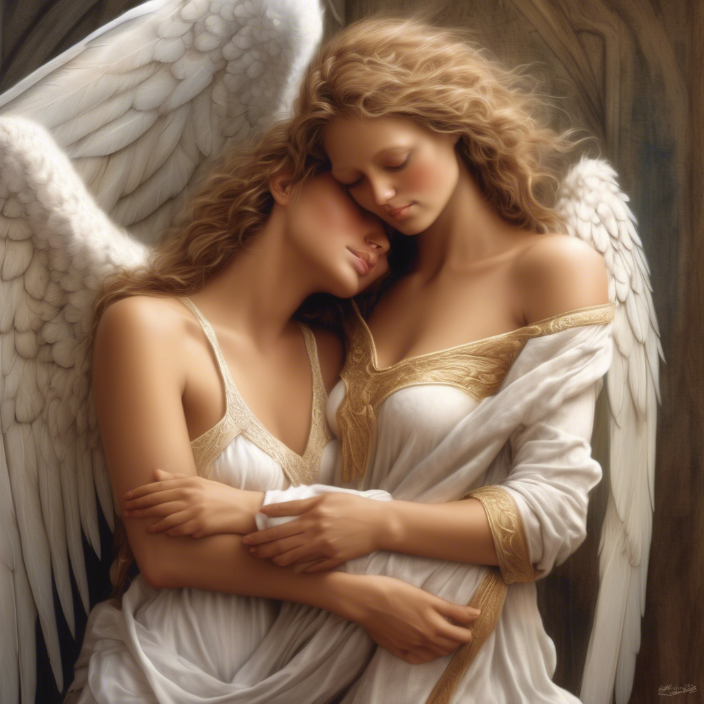 Two angels in heaven embracing