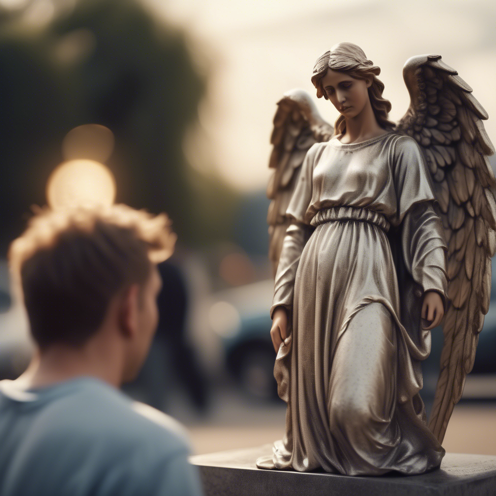 Man at a graveyard with a guardian angel