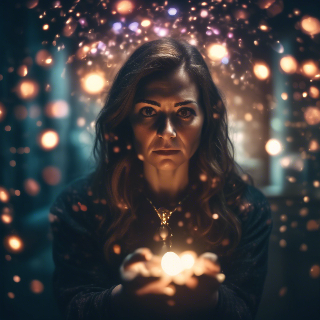 Psychic medium with spiritual energy shining from her hands
