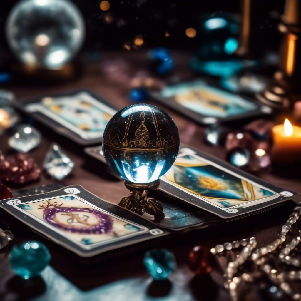 Psychic medium table with a crystal ball and tarot cards