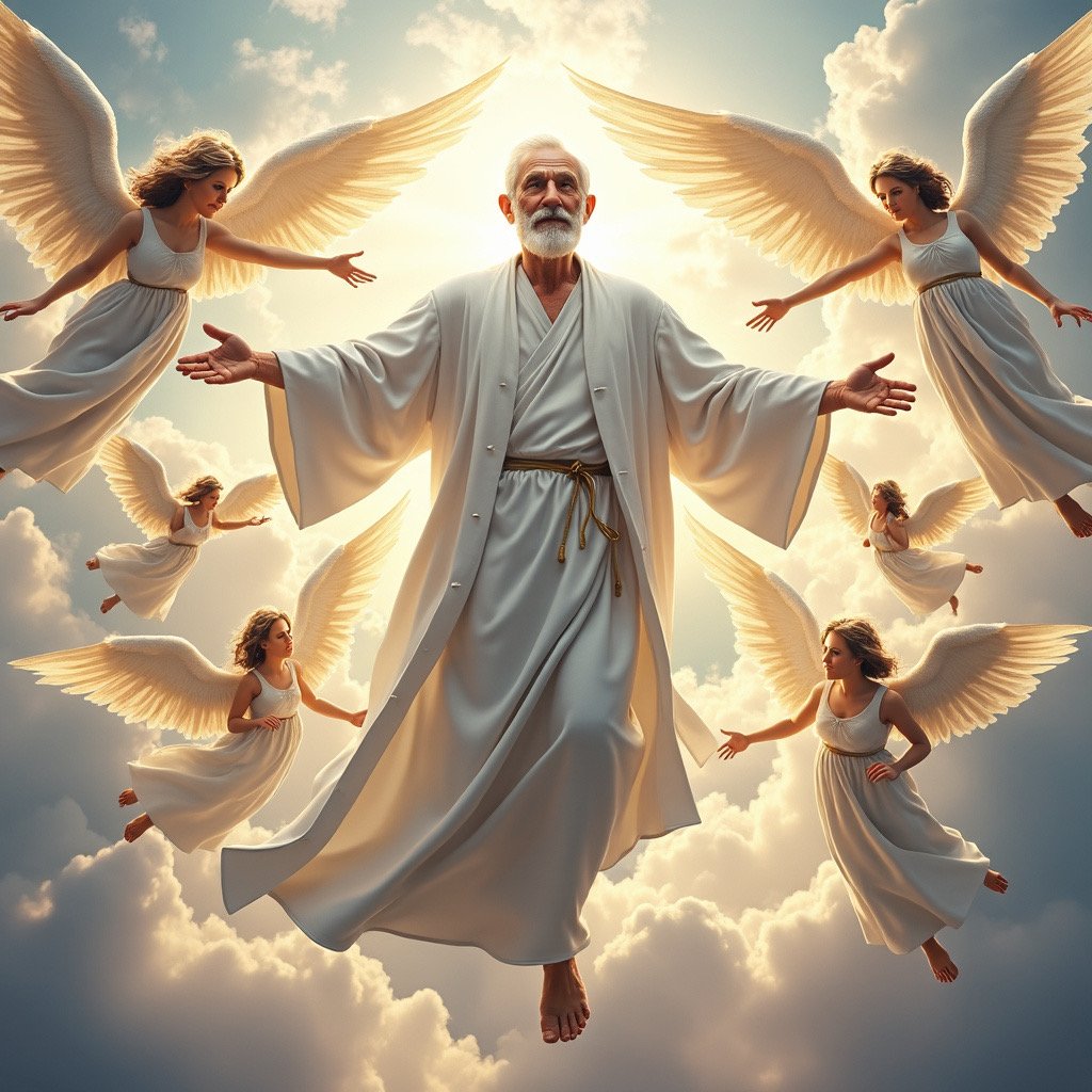 Old man in the spirit world surrounded by angels